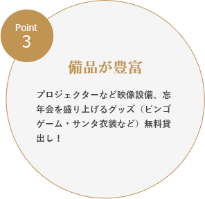 Point3：備品が豊富／プロジェクターなど映像設備、新年会を盛り上げるグッズ（ビンゴゲーム・Wii・サンタ衣装など）無料貸出し！