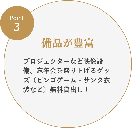 Point3：備品が豊富／プロジェクターなど映像設備、新年会を盛り上げるグッズ（ビンゴゲーム・Wii・サンタ衣装など）無料貸出し！