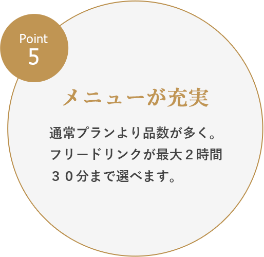 Point5：メニューが充実／通常プランより品数が多く。フリードリンクが最大２時間３０分まで選べます。